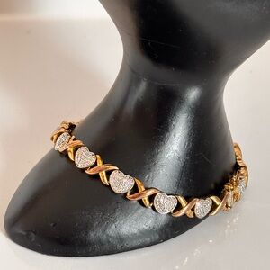 PAJ BR Gold & Silver  Tone Heart Tennis Charm Bracelet Metal Box Clasp